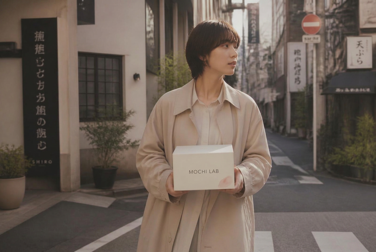 A person carrying a MOCHI LAB box through a quiet Tokyo street in morning light