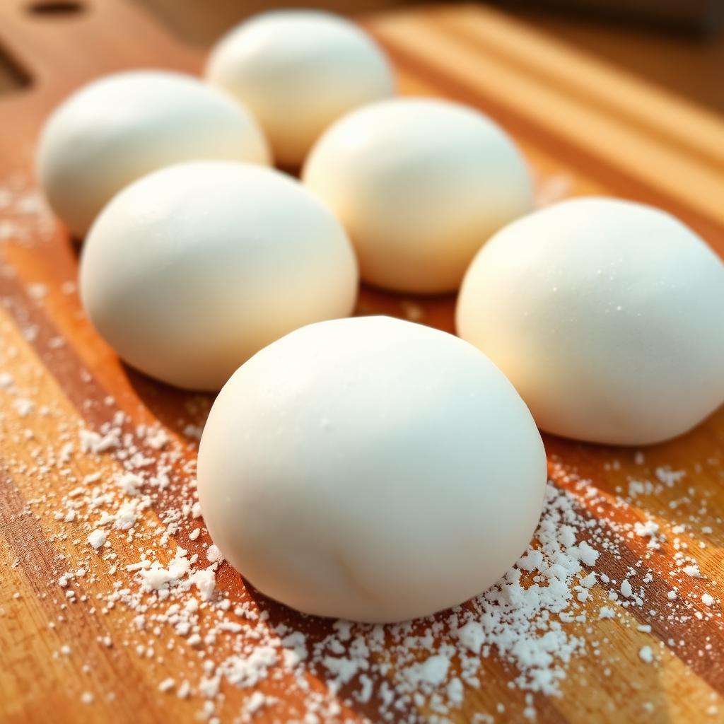 Close-up of mochi dough rolled into round balls on a floured wooden surface