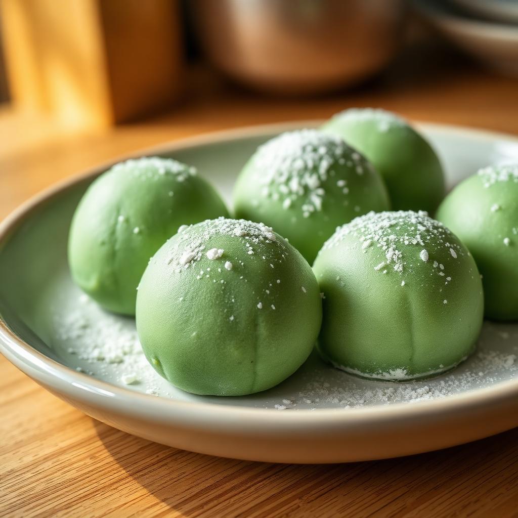 Close-up of whole green matcha mochi dusted with rice flour on a plate